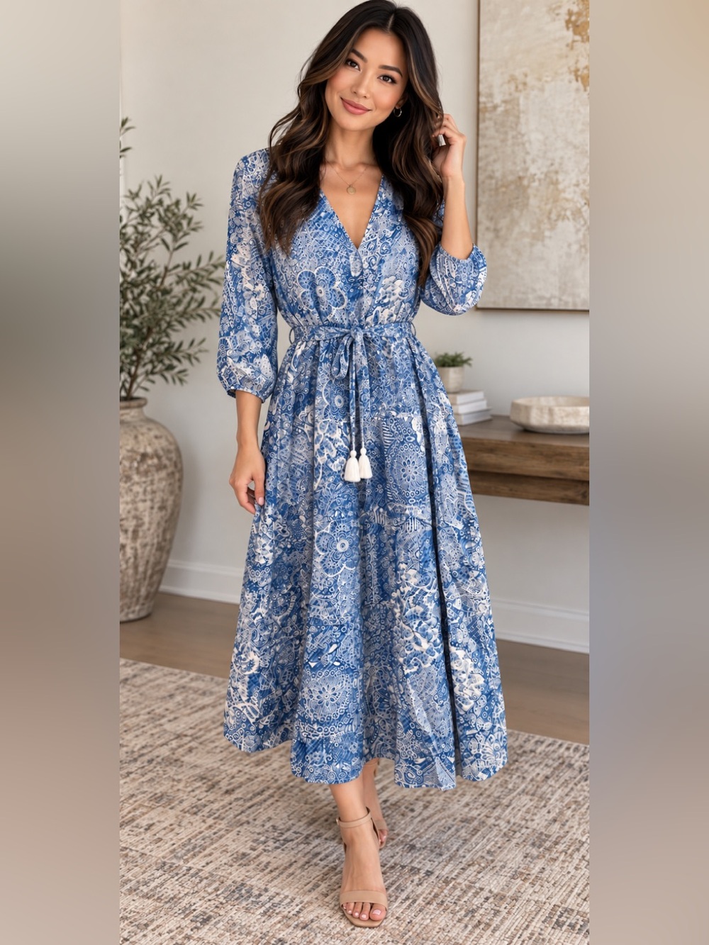NWT Johnny Was Blue & White “Denim Print” Maxi Dress – Size Large